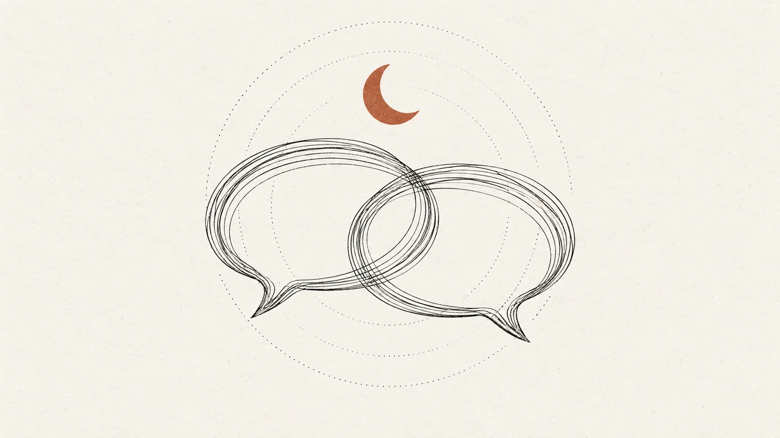Two speech loops spiral under an evening moon.