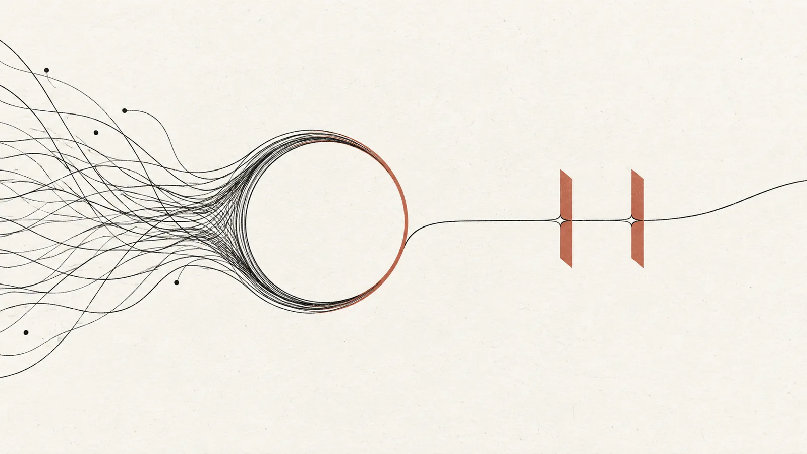 Many threads gather into one loop; a single line leaves it through two gates.